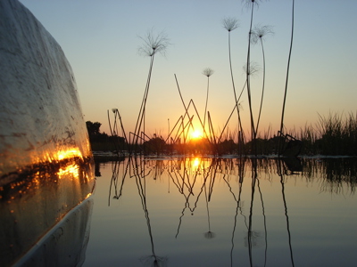 Zonsondergang boven een rustige rivier met riet en reflectie in het water, gezien vanaf een boot.