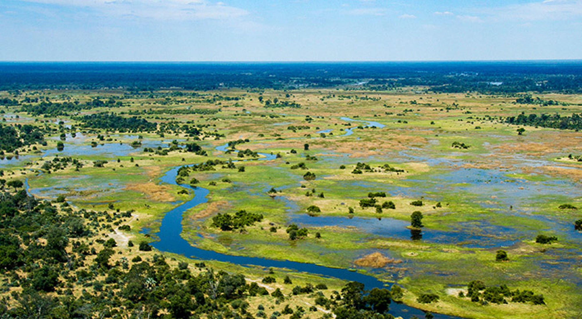 een meanderende rivier door een uitgestrekt groen moeraslandschap onder een blauwe lucht.