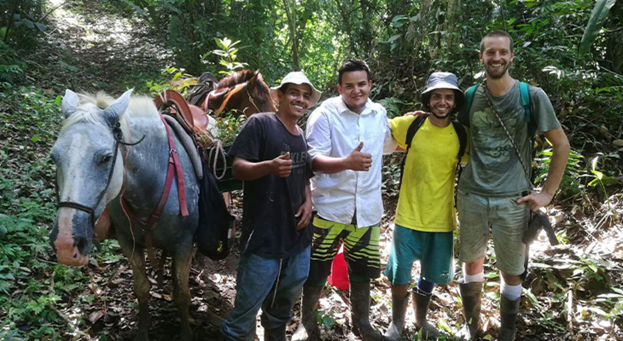 Adopteer Regenwoud Vier mannen poseren met een bepakte ezel op een junglepaden tijdens een wandeling.