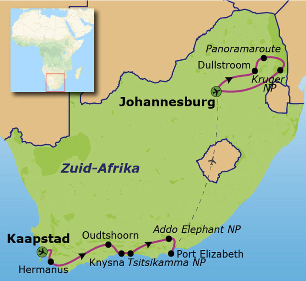 Routekaart Zuid-Afrika: Kaapstad via Tuinroute naar Port Elizabeth en Kruger NP via Johannesburg en Panoramaroute.
