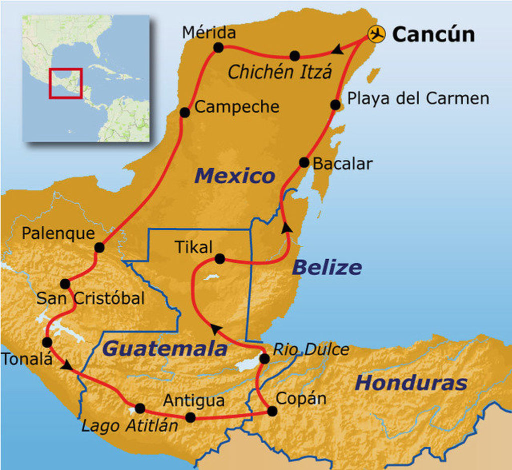 Routekaart Ruta Maya door Mexico, Guatemala en Honduras via Cancún, Chichén Itzá, Tikal en Copán.