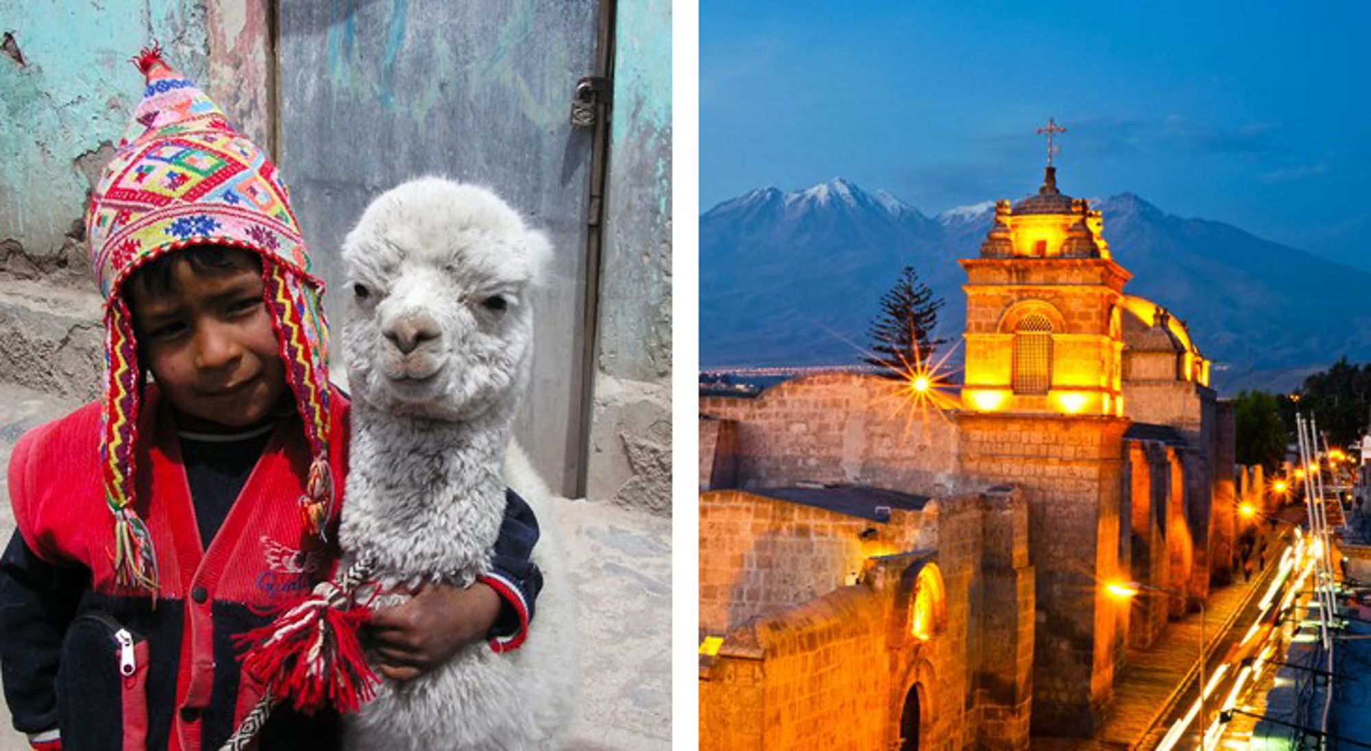 Lokale bevolking en gebouwen in Peru Collage van een jongen met alpaca en een verlichte kerk in Arequipa met de Andes op de achtergrond.