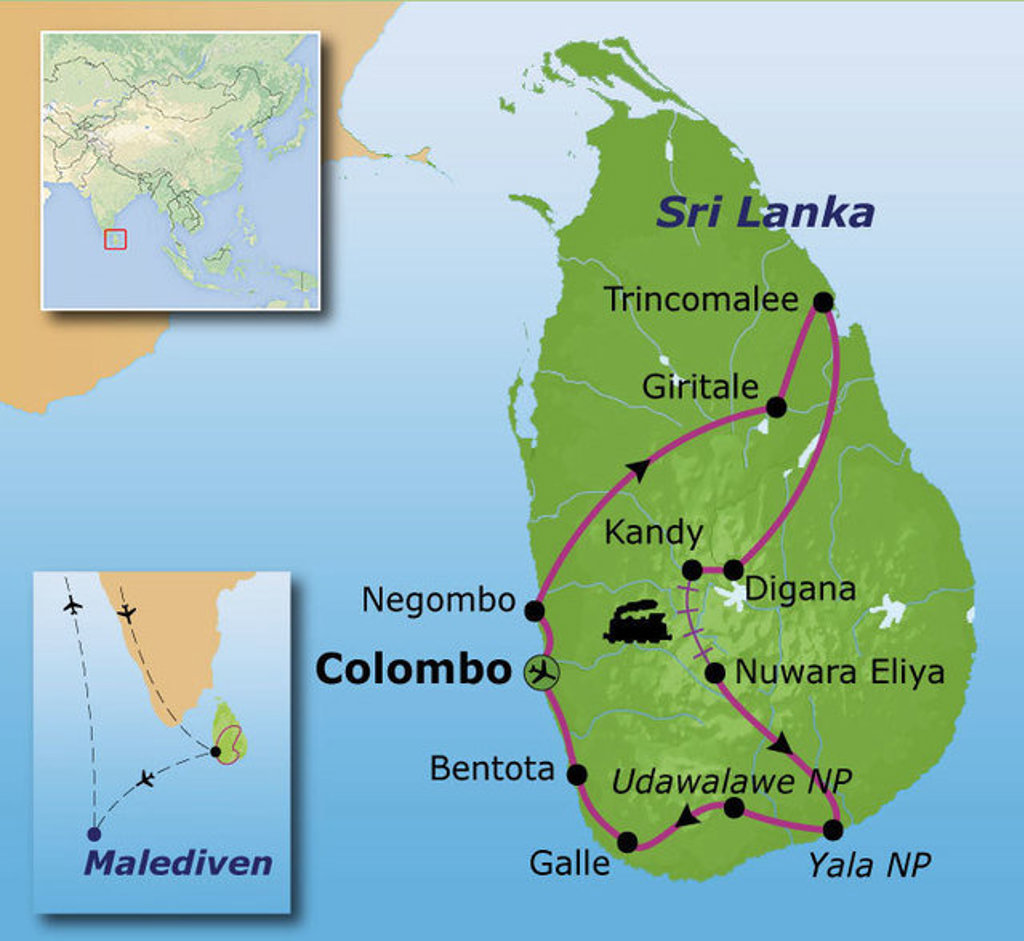Routekaart Sri Lanka en Malediven met reisroute langs Colombo, Kandy, Nuwara Eliya, Yala NP en Galle.