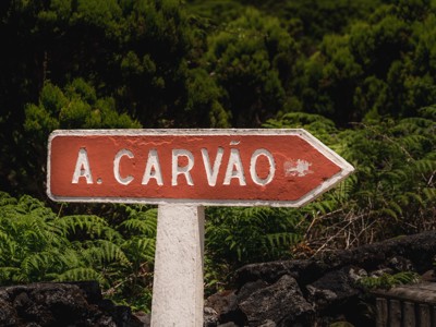 Rood-wit wegwijzerbord naar A. Carvão op de Azoren, omringd door groen.