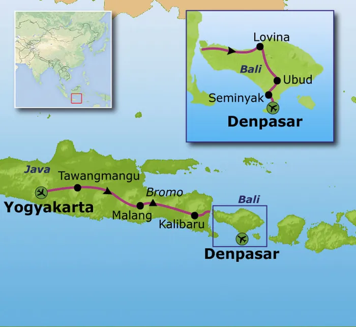 Ardee Van Java Uitgebreide reisroute van de Familiereis Java en Bali Kort | Sawadee