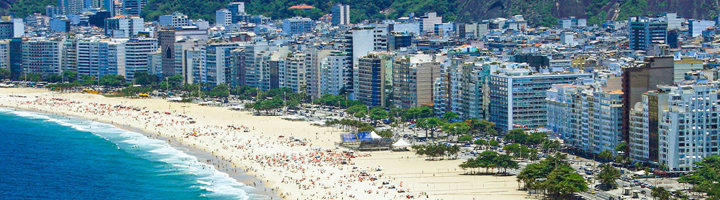 Panorama van Copacabana-strand in Rio de Janeiro met hoge gebouwen langs de kust.