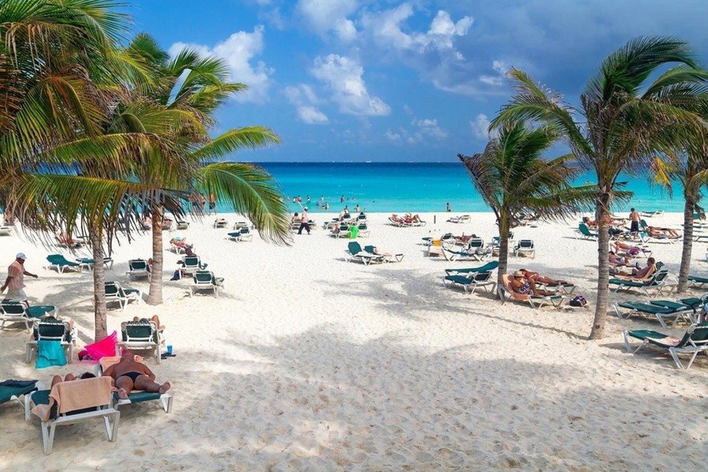 Palmbomen langs een wit zandstrand met turquoise zee tijdens een 22-35ers reis Mexico.