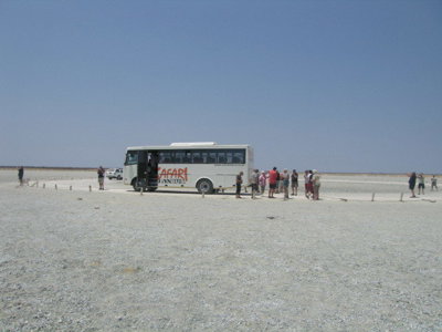 Safaribus met reizigers tijdens een stop op een uitgestrekte zoutvlakte in Zuidelijk Afrika.