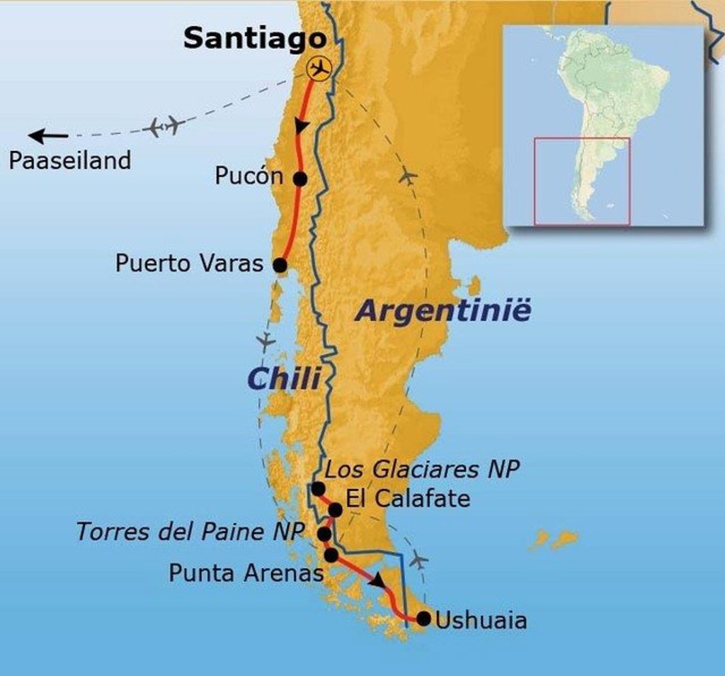Routekaart Patagonië en Paaseiland met reisroute via Santiago, Puerto Varas en Puerto Natales.