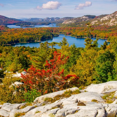 Uitzicht op de 30.000 Islands met meren en kleurrijke herfstbossen tijdens de 30.000 Island Cruise.