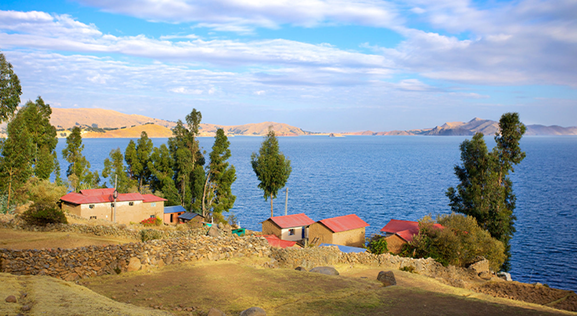 Homestay Titicacameer Peru Huizen met rode daken aan de oever van een groot meer, met bomen op de voorgrond en heuvels in de verte.