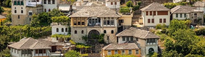 Traditionele Ottomaanse huizen met leien daken op de heuvels van Gjirokastër, Albanië.