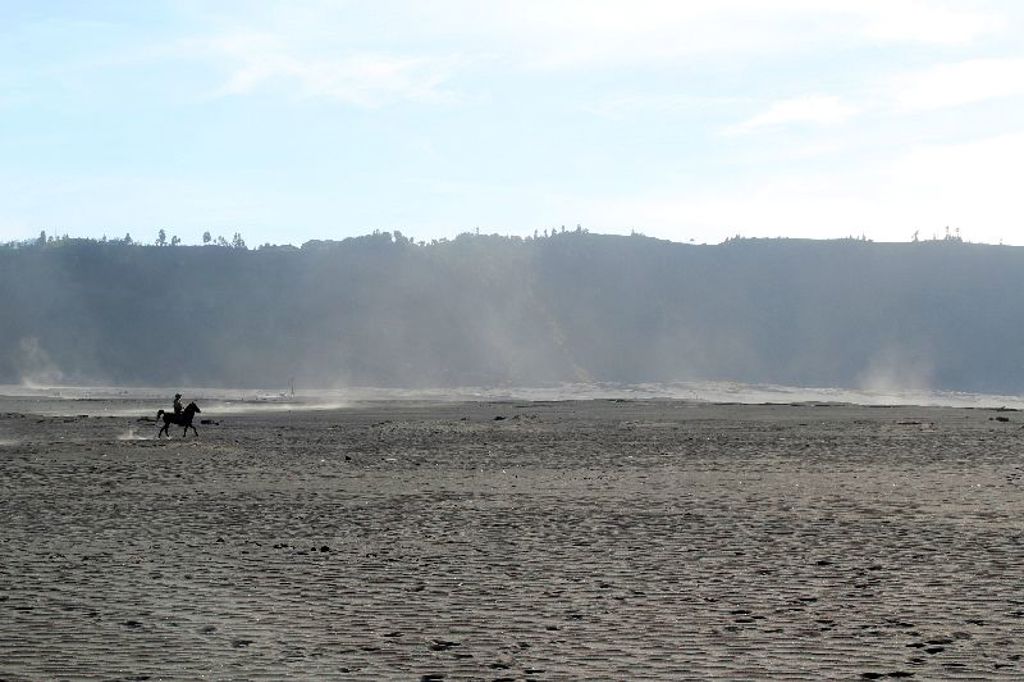 Ruiter te paard op de zandvlakte van de Bromo-vulkaan op Java, Indonesië.