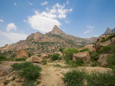 Rotsachtig berglandschap met granieten boulders en struiken langs de Route Saoedi-Arabië.