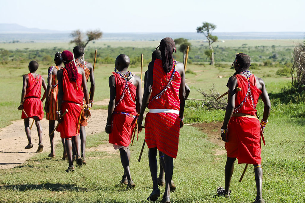 Maasai lopen over de savanne in Kenia tijdens groepsrondreis Kenia en Tanzania.