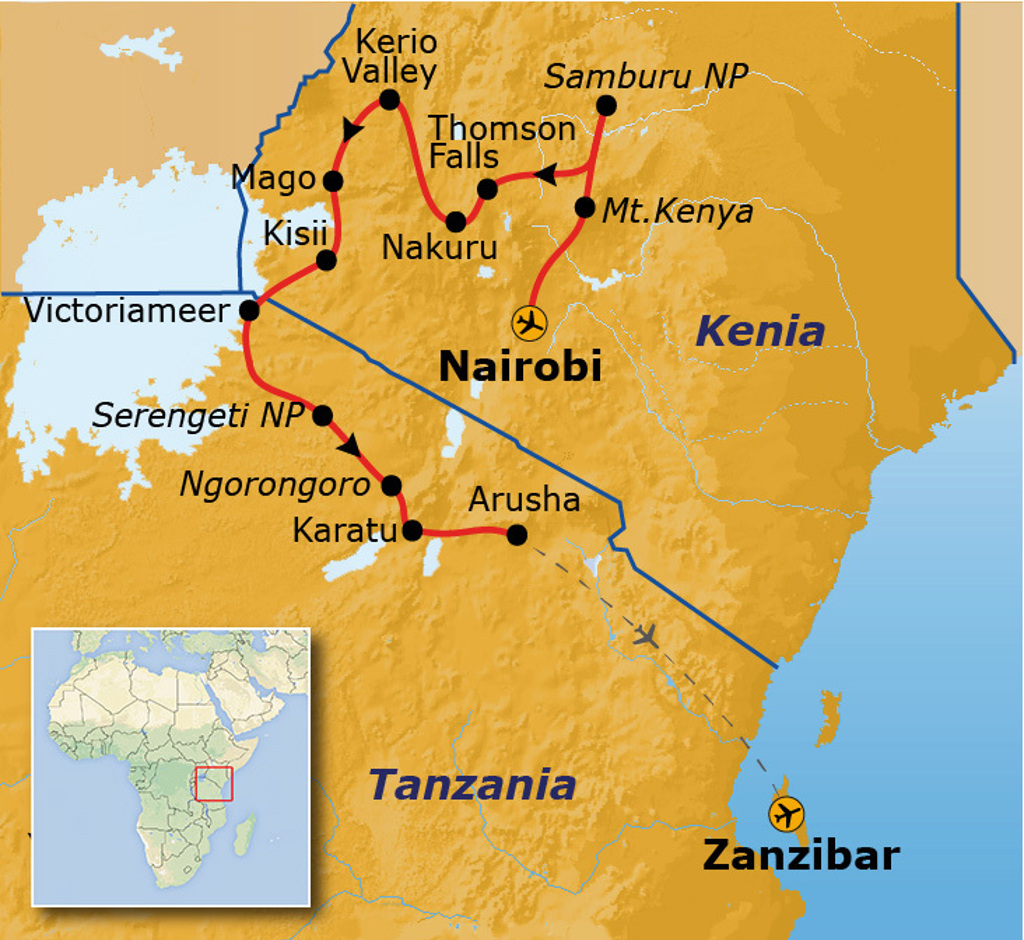 Routekaart Kenia, Tanzania en Zanzibar met reisroute via Nairobi, Serengeti, Ngorongoro, Arusha en Zanzibar.