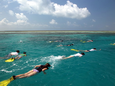 Snorkelaars in helderblauw zeewater bij Zanzibar tijdens de route Kenia, Tanzania en Zanzibar.