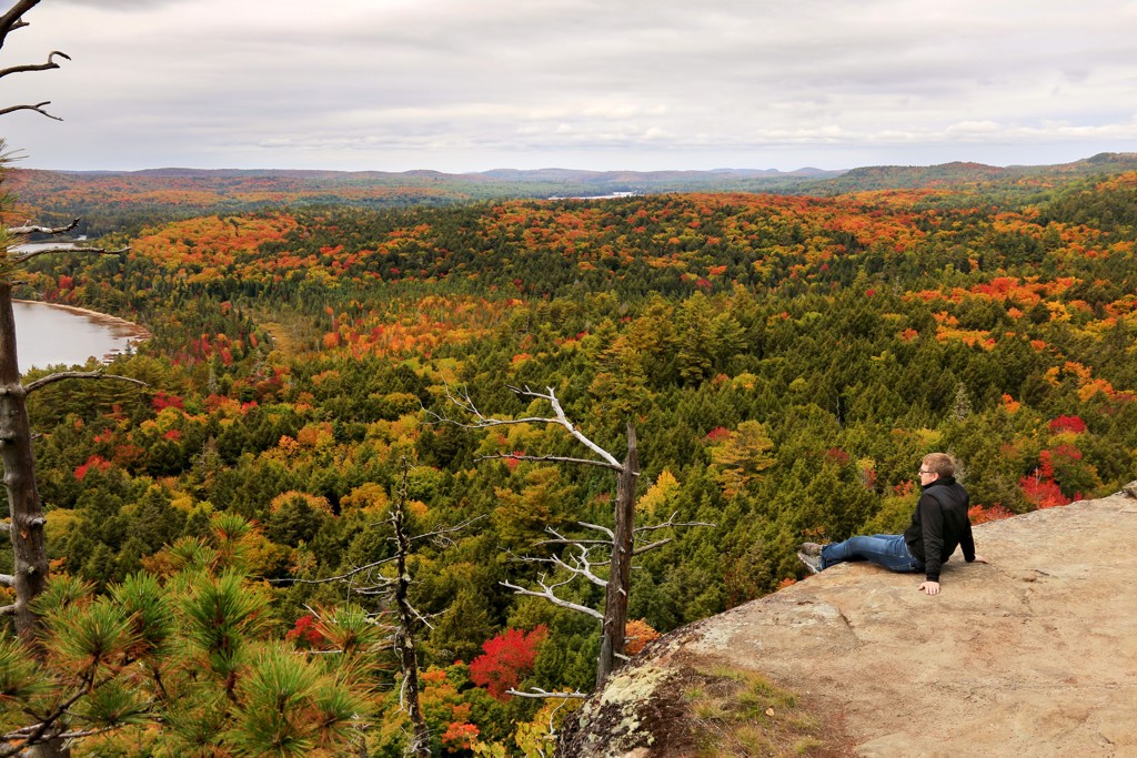 Uitzichtpunt over uitgestrekte bossen met herfstkleuren tijdens een rondreis door Oost-Canada.