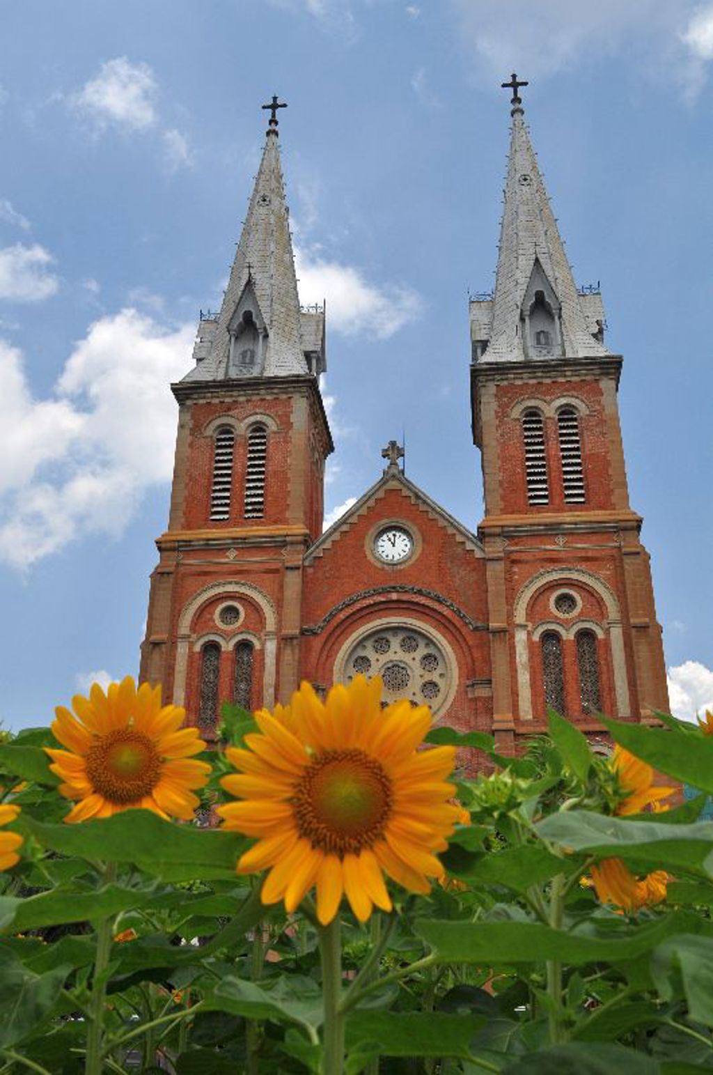 Notre-Dame-kathedraal in Ho Chi Minhstad met zonnebloemen op de voorgrond.