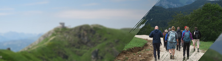 Groep wandelaars met rugzakken op een bergpad tijdens een wandelvakantie.