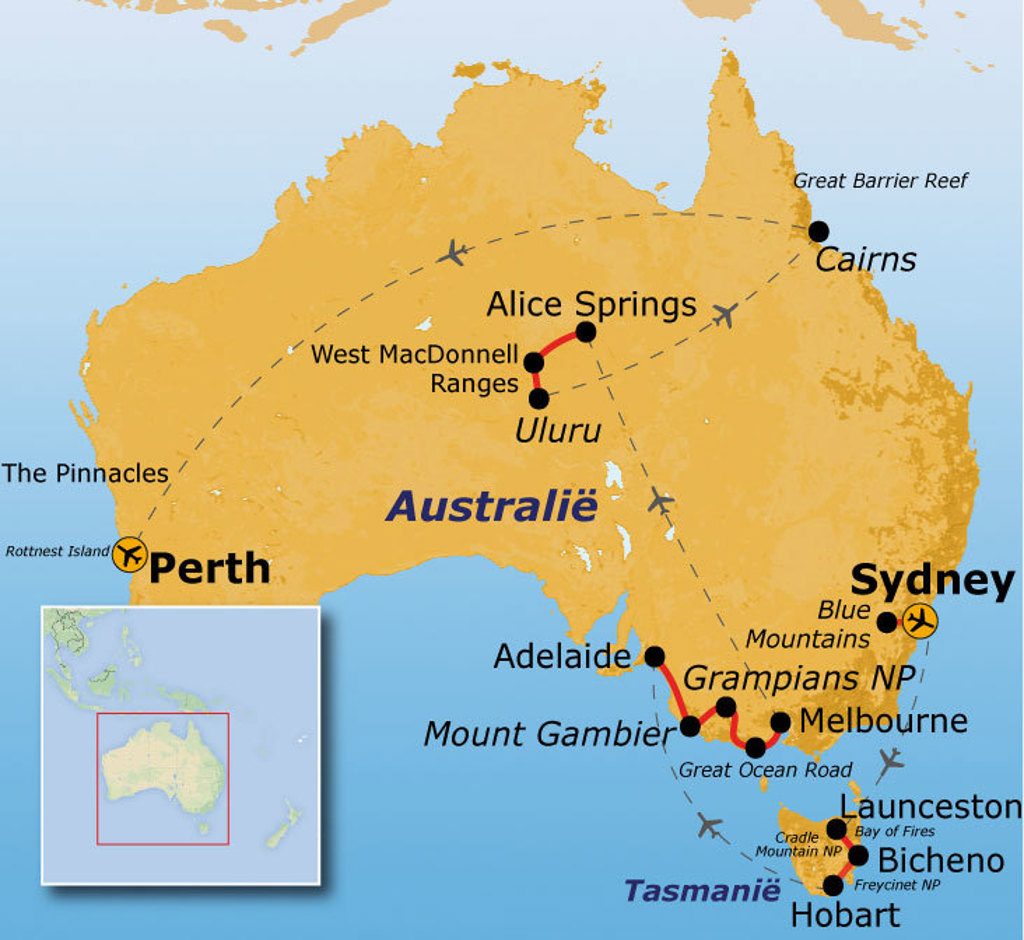 Routekaart nieuwe Australiëreis: Sydney, Melbourne, Adelaide, Uluru, Alice Springs, Cairns en Tasmanië.