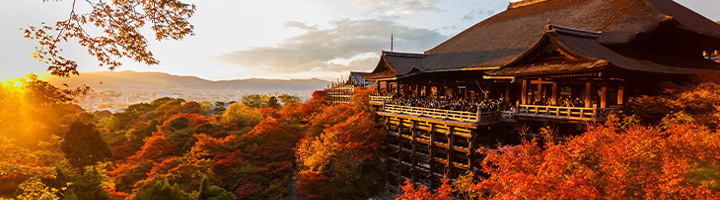 Japanse tempel met rood-oranje herfstkleuren bij zonsondergang, ideaal voor reizen in de herfst.