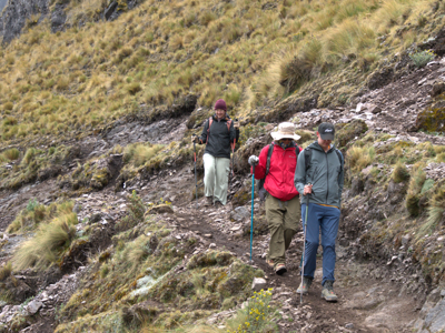 Wandelaars met trekkingstokken op een bergpad in Peru tijdens de Route Peru incl. Amazone.