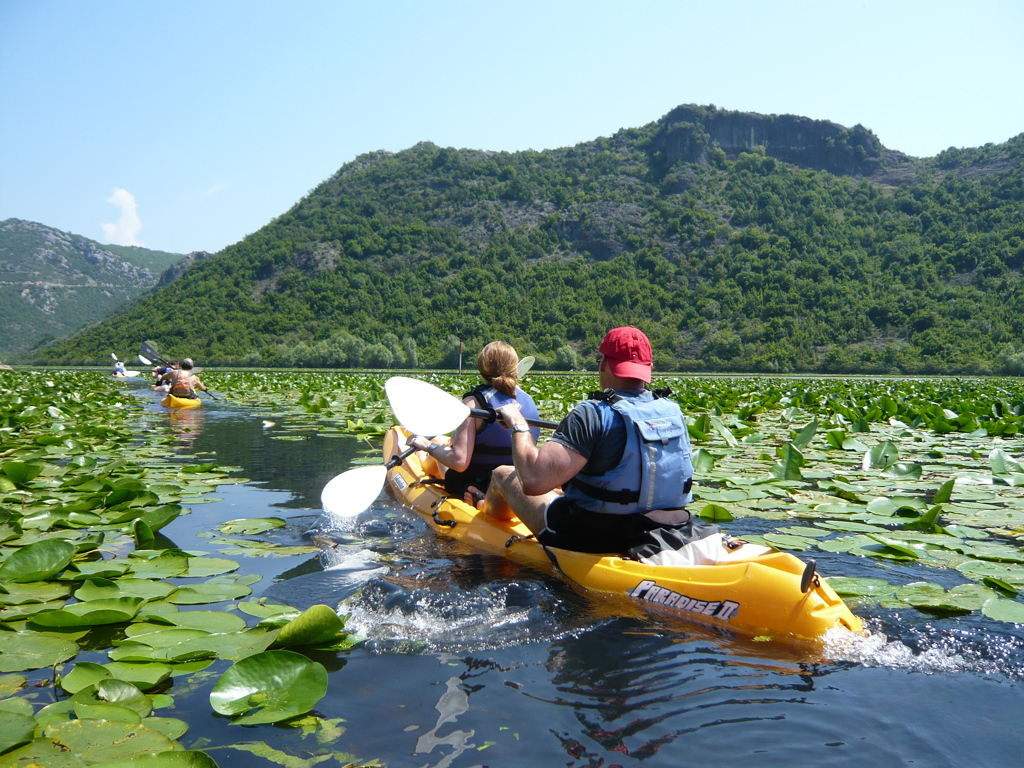Kajakken tussen waterlelies tijdens familiereis Kroatië en Montenegro.