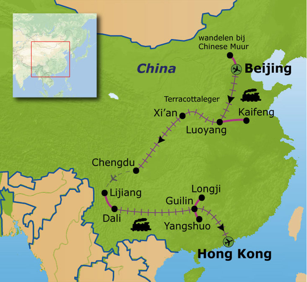 Routekaart China met reisroute van Beijing via Xi’an, Chengdu en Guilin naar Hong Kong.