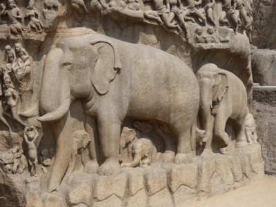 Reliëf met olifanten in de rotswanden van Mahabalipuram aan de Route Zuid-India.