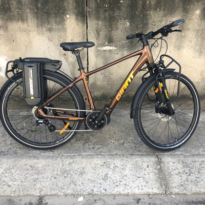 Bronzen Giant e-bike met accu en bagagedrager, geschikt om te huren voor een fietsreis.