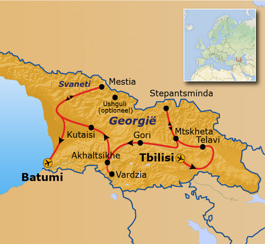 Routekaart van Georgië met reisroute langs Tbilisi, Batumi, Kutaisi, Svaneti, Mtskheta, Telavi en Stepantsminda.