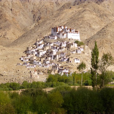 Boeddhistisch klooster en dorp op een rotshelling in Ladakh, India, met groene vallei op de voorgrond.
