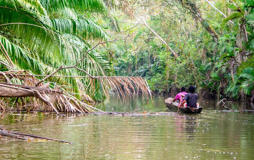 Twee mensen varen in een kano door een rivier omringd door tropisch regenwoud in Nicaragua.