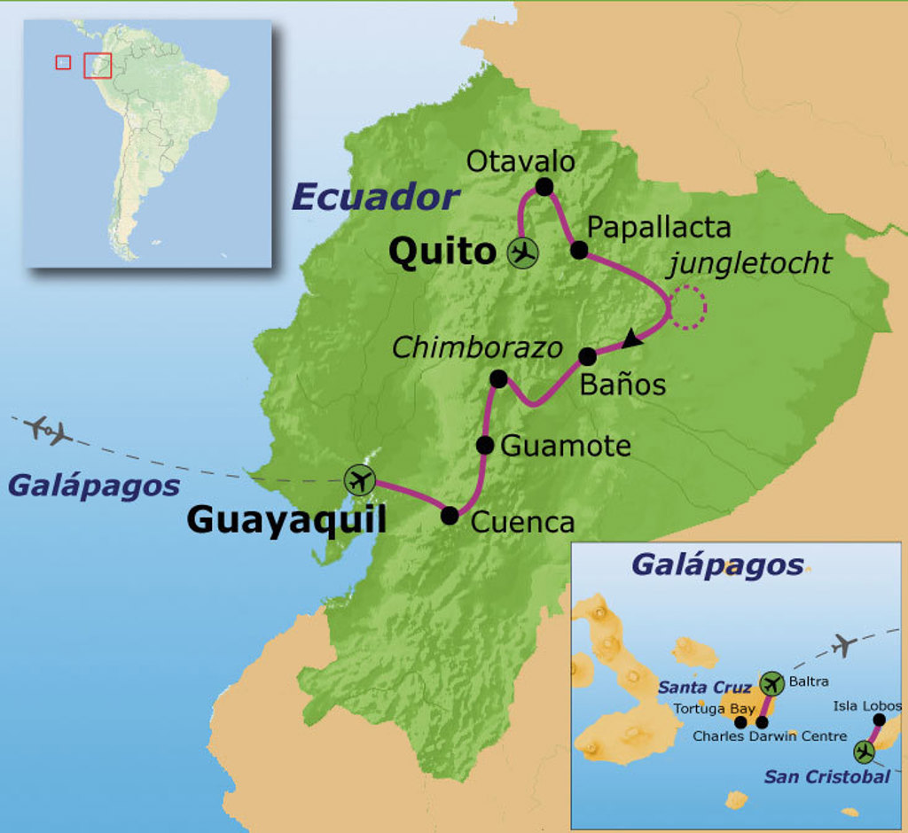 Routekaart Ecuador en Galapagos met reisroute via Quito, Otavalo, Baños, Chimborazo, Cuenca en Santa Cruz.