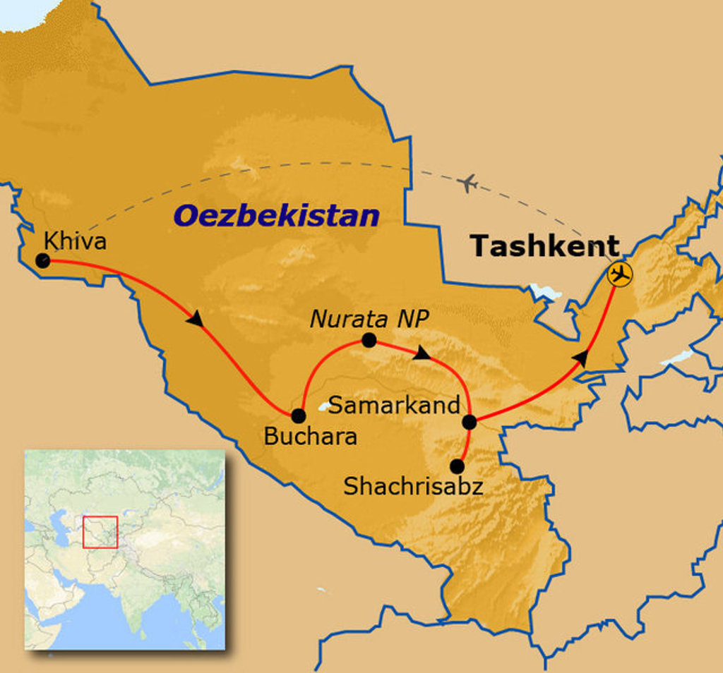 Routekaart Oezbekistan met reisroute langs Tashkent, Khiva, Buchara, Samarkand, Shachrisabz en Nurata NP.