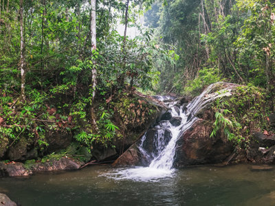 Waterval in groen regenwoud langs de Route Thailand Comfort Plus, met rotsen en een natuurlijk zwembad.