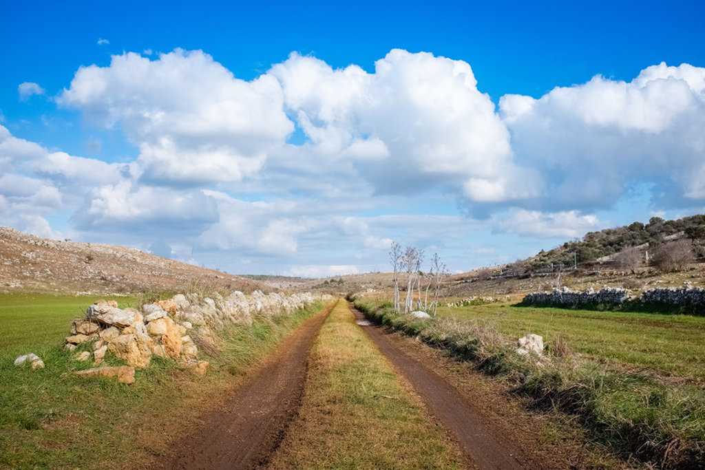 Landweg tussen stenen muurtjes in het platteland van Puglia, Italië, onder een blauwe lucht met wolken.