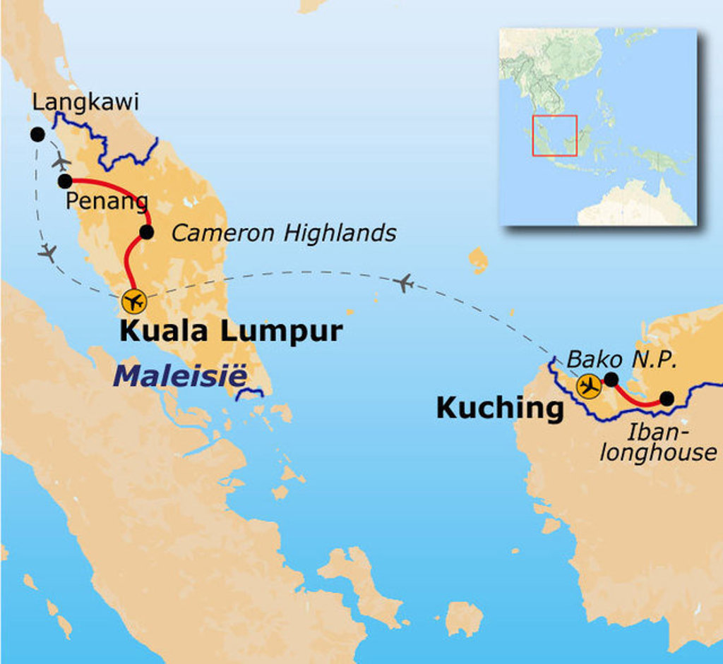 Routekaart West-Maleisië en Borneo (19 dagen) met Kuala Lumpur, Penang, Langkawi, Cameron Highlands en Kuching.