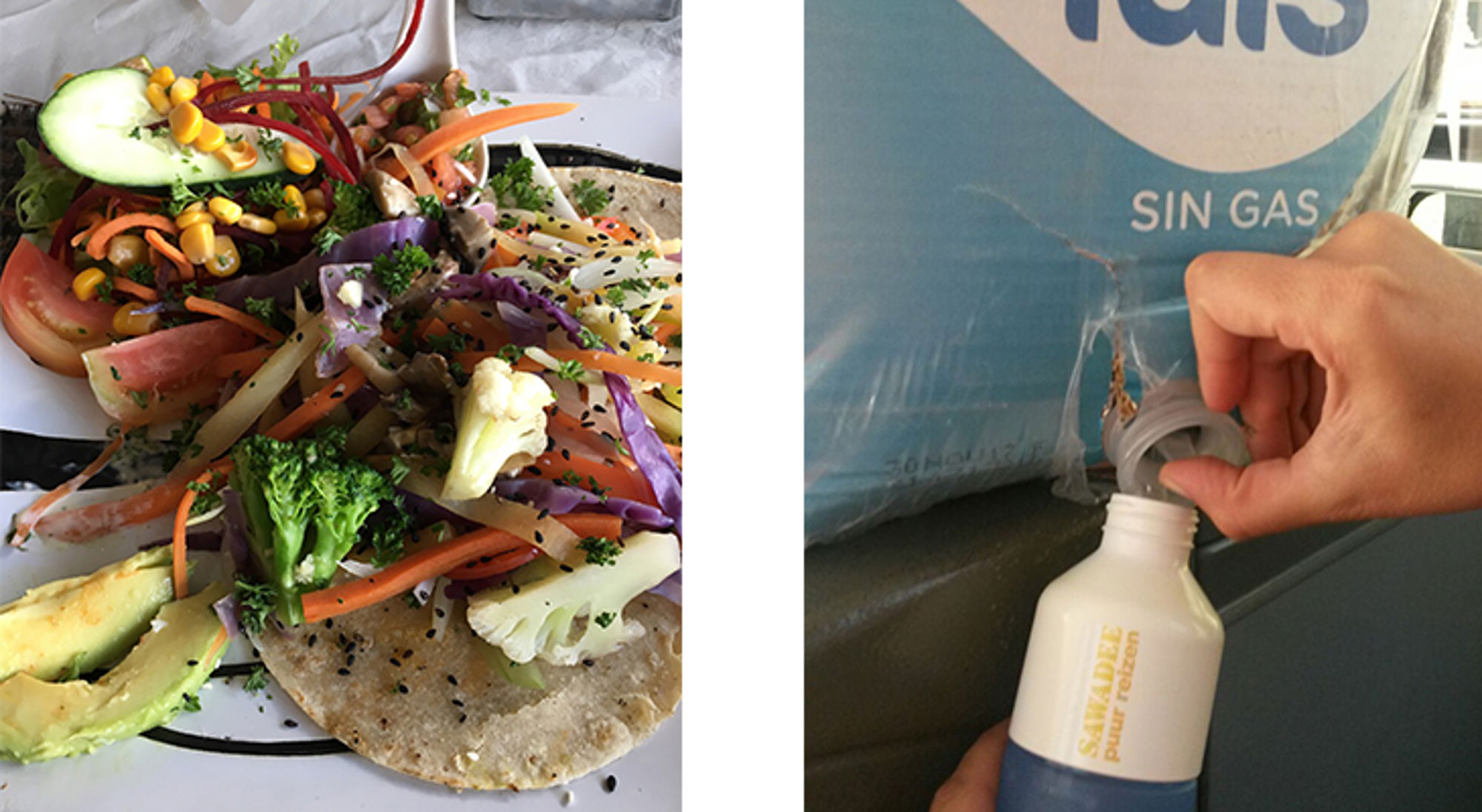 Gezonde lunch met groentenwrap en salade naast een hervulbare waterfles bij een waterpunt.
