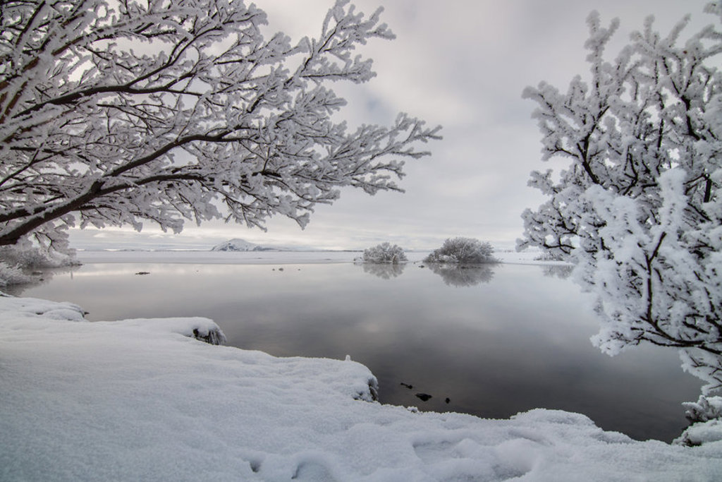 Besneeuwd meerlandschap in Noord-IJsland met rijp op bomen en spiegelend water.