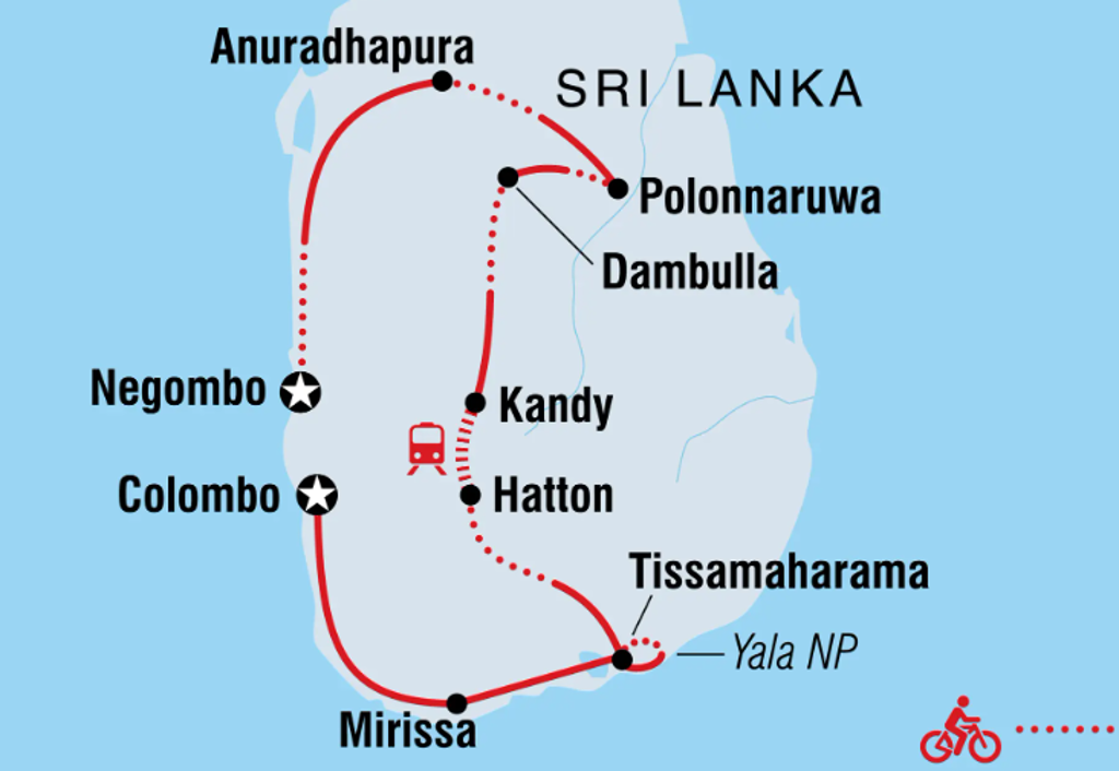 Routekaart 15-daagse fietsreis Sri Lanka met stops Colombo, Kandy, Polonnaruwa, Yala NP en Mirissa.