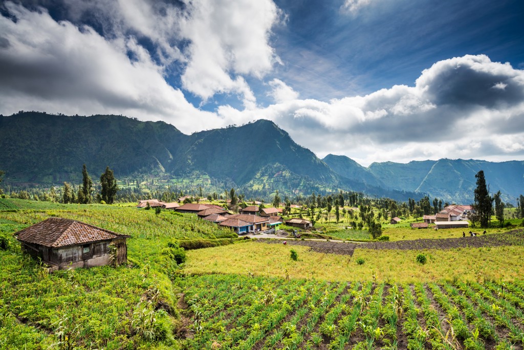 Groen berglandschap op Java met dorp en akkers, tijdens groepsrondreis Java & Bali Hoogtepunten.