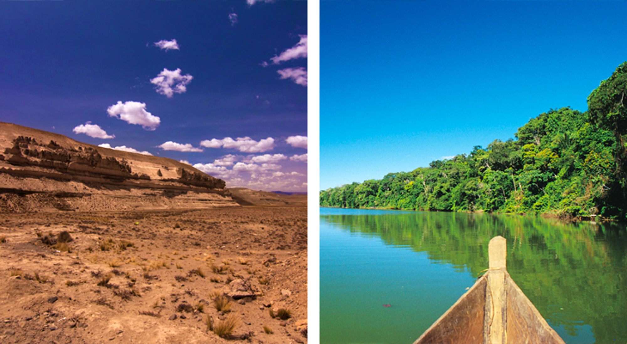Diverse landschappen in Peru Tweeluik met woestijnlandschap en boot op een rivier langs dicht regenwoud.