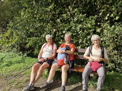Wandelaars rusten op een bankje langs de Dutch Mountain Trail in Zuid-Limburg.