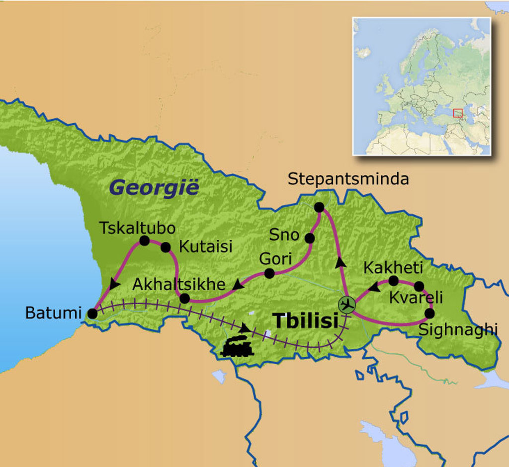 Routekaart Georgië met reisroute langs Tbilisi, Batumi, Kutaisi, Stepantsminda, Sighnaghi en Kvareli.