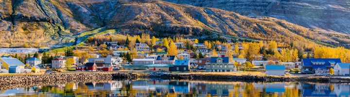 Kleurrijke huizen aan de fjord in Seydisfjordur, IJsland, met bergen en spiegeling in het water.