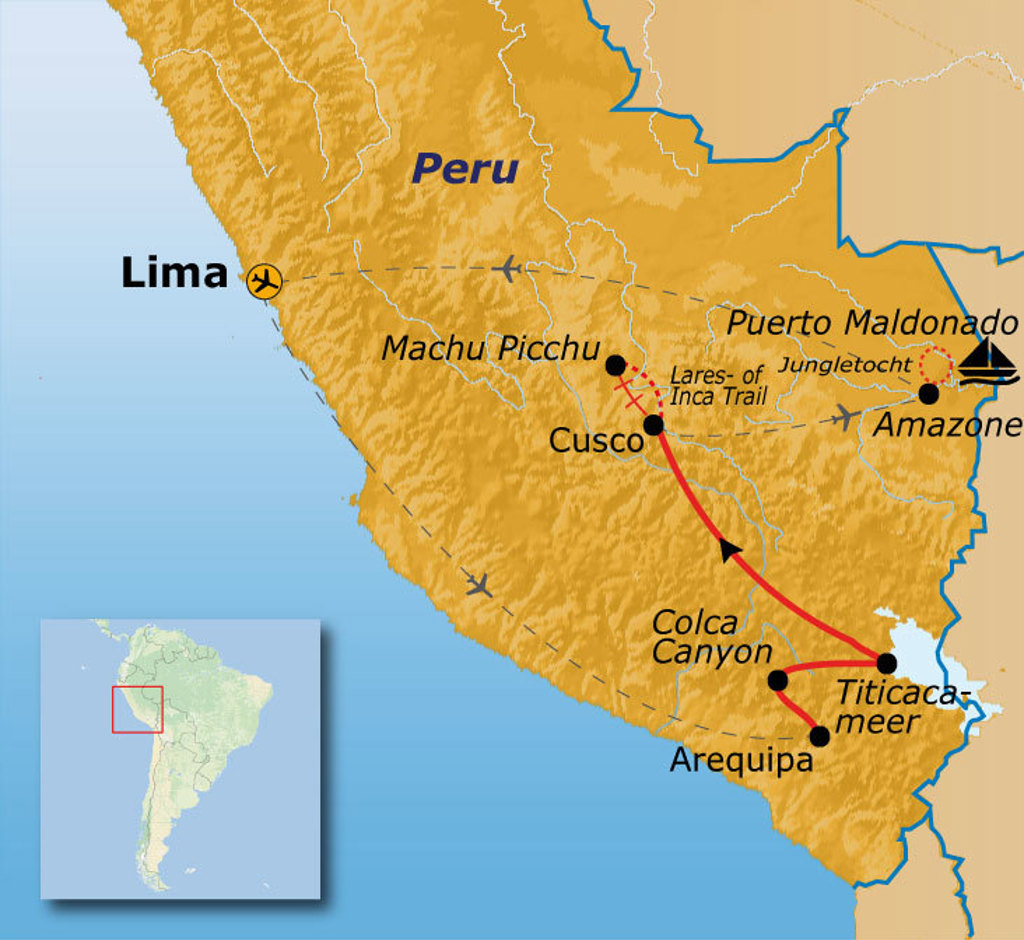 Routekaart Peru incl. Amazone met Lima, Cusco, Machu Picchu, Arequipa, Colca Canyon, Titicacameer en Puerto Maldonado.