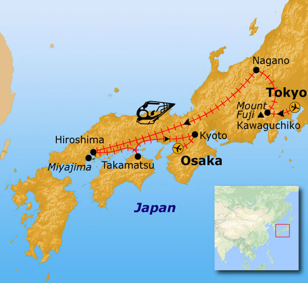 Routekaart Japan met reisroute langs Tokyo, Mount Fuji, Nagano, Osaka, Kyoto, Takamatsu, Miyajima en Hiroshima.