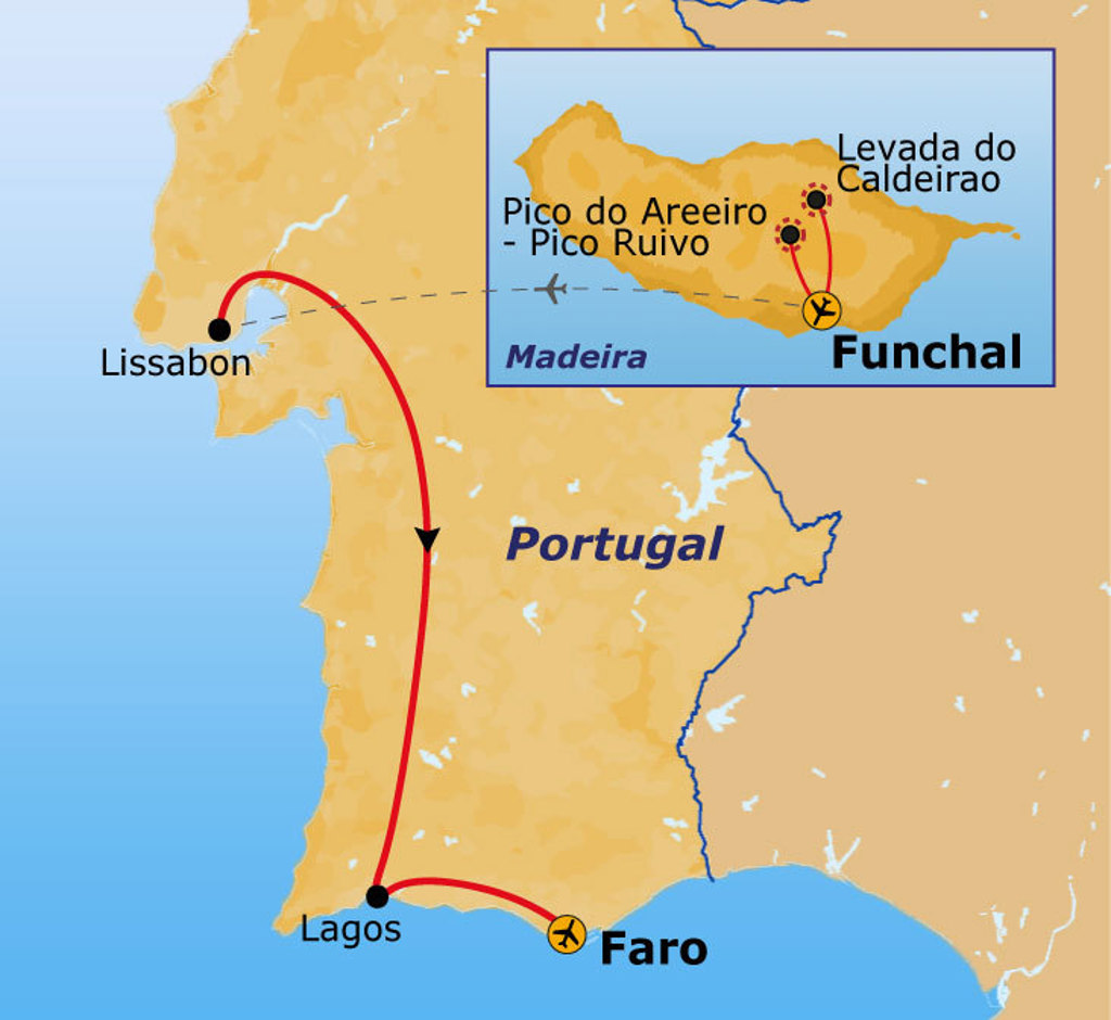 Routekaart Madeira, Lissabon en Lagos met reisroute via Faro en Funchal, inclusief wandelingen bij Pico Ruivo.